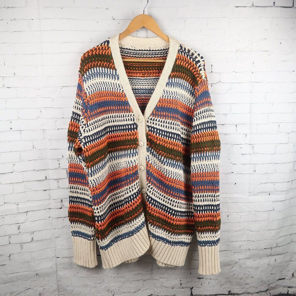 CREAM BLUE ORANGE GREEN HANDMADE HEAVY BUTTON DOWN CARDIGAN SWEATER SIZE XL